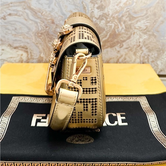 FENDI x VERSACE Fendace Logo Metallic Brooch Baguette NM Zucca Leather Mini Bag - Picture 10 of 15